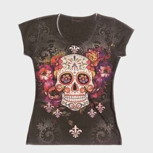Sugar Skull Embellished Short Sleeve Fitted T-Shirt (XXL) NWOT